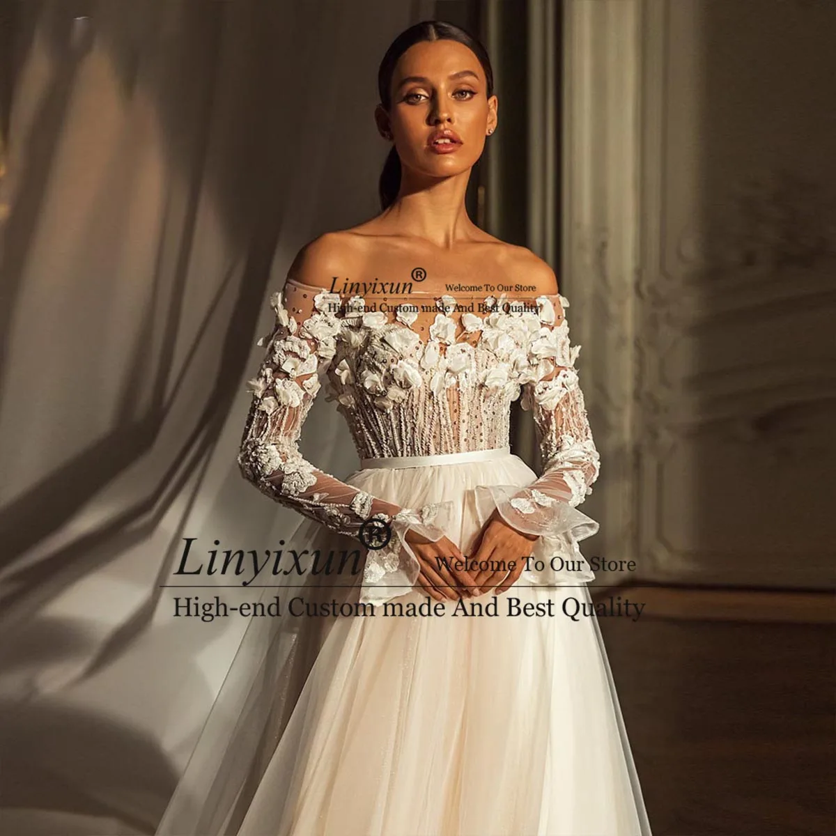 

Modern 3D Flowers Tulle Wedding Dresses Romantic Beaded Sequined Appliques Boat Neck Robe De Mariee Court Train Vestido De Novia