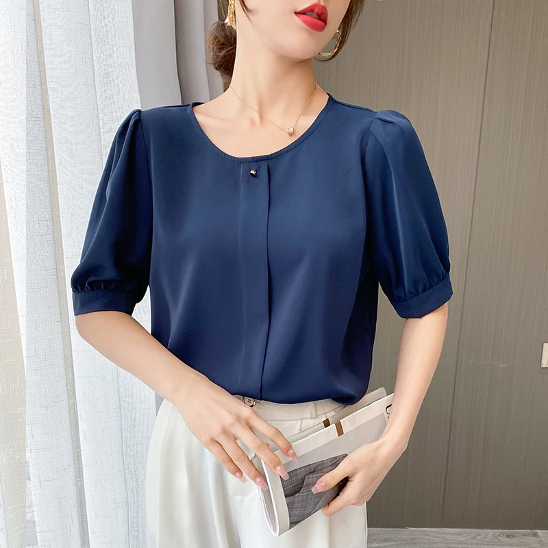 

Блузка Женская атласная с круглым вырезом, Офисная рубашка из ацетата с пышными рукавами, модная сорочка в Корейском стиле, голубого цвета, ...