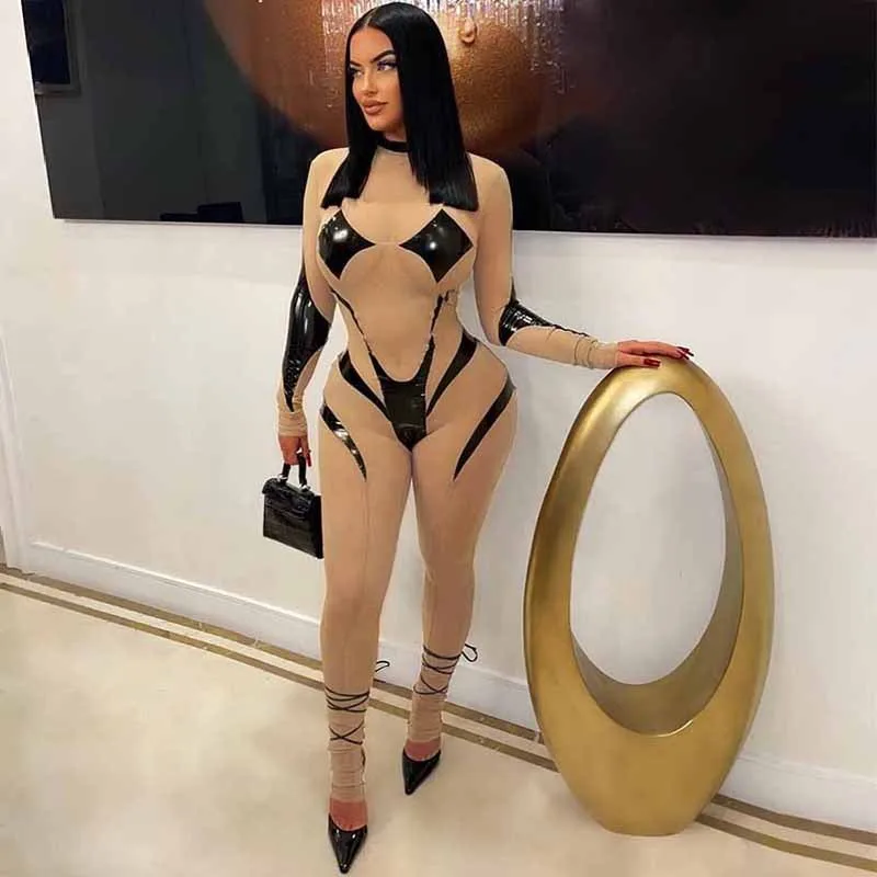 

Summer Beach Dress Pareo Wear Bathing Suit Women 2023 New Mesh Sexy Tight Neck Long Sleeve Jumpsuit Solid Spandex Exit Cover Up