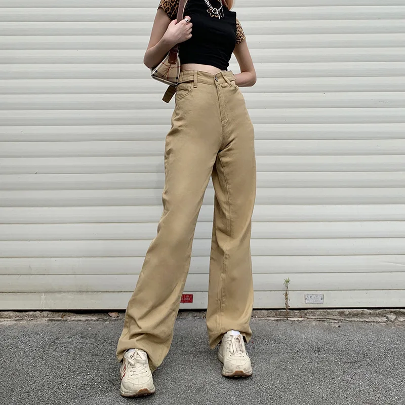 

Women Casual Loose Fitting Trousers with Pockets Khaki Solid Color Mid Waist Straight Leg Pants for Spring Autumn S/ M/ L
