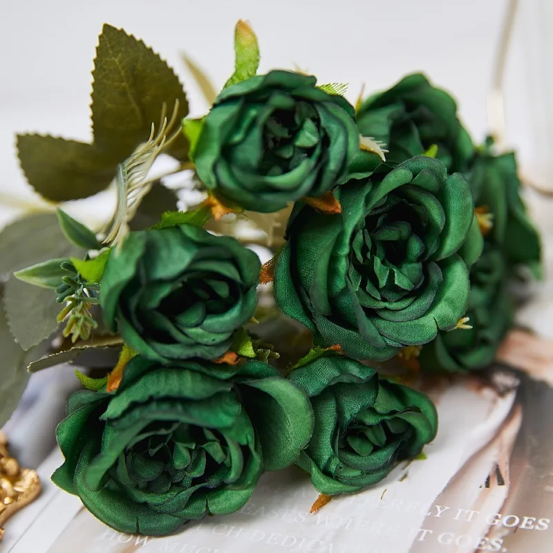 

Vintage 8 Heads Artificial Flowers Silks Peony Green Rose for Decorations Fake Flower Wedding Table Room Party DIY Bouquet Decor