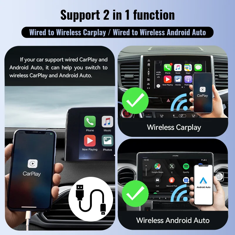 HANG JING Беспроводной адаптер Carplay и Android Auto Smart Dongle Функция 2в1 Автоматическое