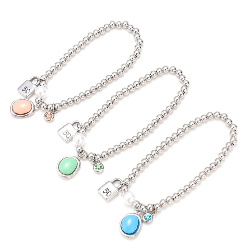 

Fashion 6mm Stainless Steel Crystal Zircon Rainbow Color Bead Chain Letter Number Round Pearl Bracelet Key 50 Jewelry Women