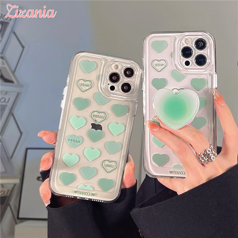 

Green Full Screen Small Heart Pattern Transparent Phone Case for IPhone 13 12 11 XS XR X Pro Max 8 7 Plus Thin Shockproof Cover