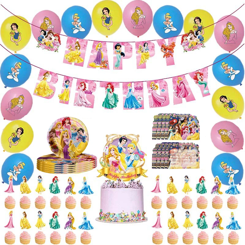 

Six Princess Party Decoration Paper Plate Banner Cake Topper Balloon Invitation Card Party Decoration Set Girl Birthday Supplies