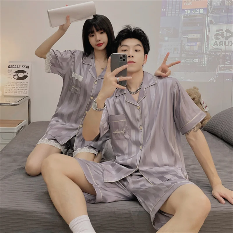 CAIYIER Summer Solid Color Stripe Couple Pajamas Set Cardigan Short Sleeve Shorts Sleepwear Casual Women Men Silk Soft Nightwear