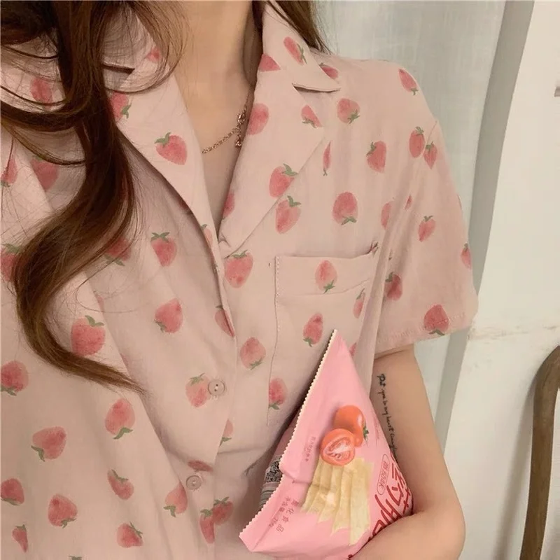 Sleepwear for Women Summer Silk Pajamas Sets Girls Korean Sweet Print Pijamas Plus Size Home Suit Japanese Loose Lapel Pyjamas