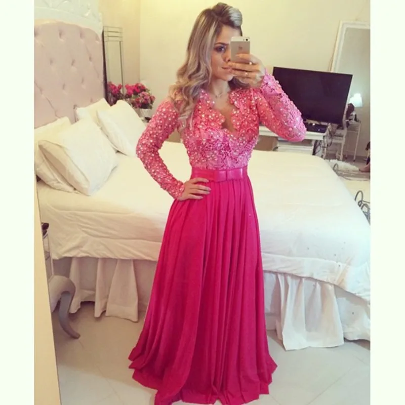 

Elegant Party Long Sleeve Evening Dresses For 2016 New Lace Vestido Longo Formal Prom Gowns Dubai Kaftan Real Image Chiffon
