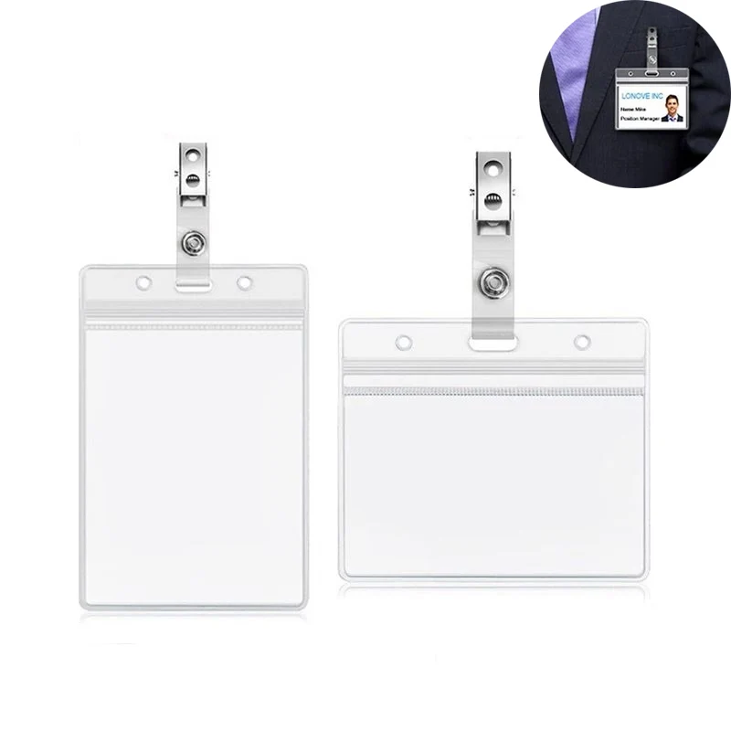 

Horizontal Vertical Card Holder Badge ID Display Card Sleeve Double Hole Clip Credit Card Protective Cover Transparent Pvc