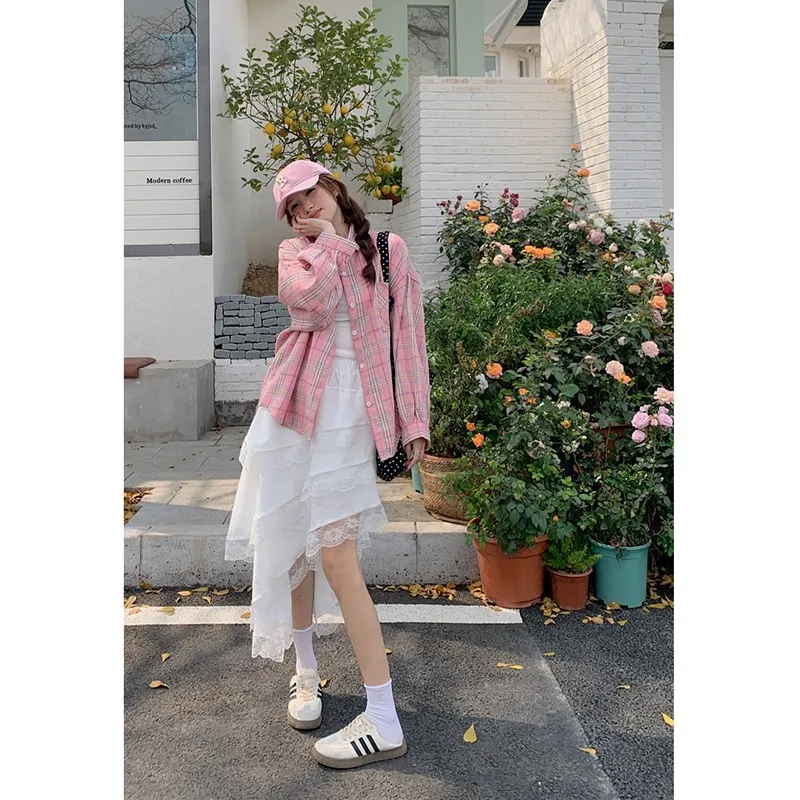 Женская однобортная рубашка в клетку Повседневная Свободная клетчатая блузка из