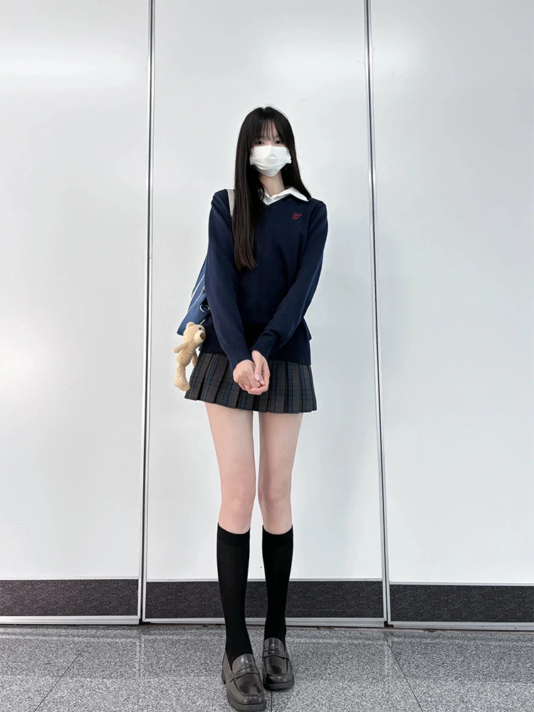 Wheatlife Private College/Jianlin Jk Uniform Plaid Skirt Knit sweater Top Autumn and Winter Preppy Japan fashion Set Women