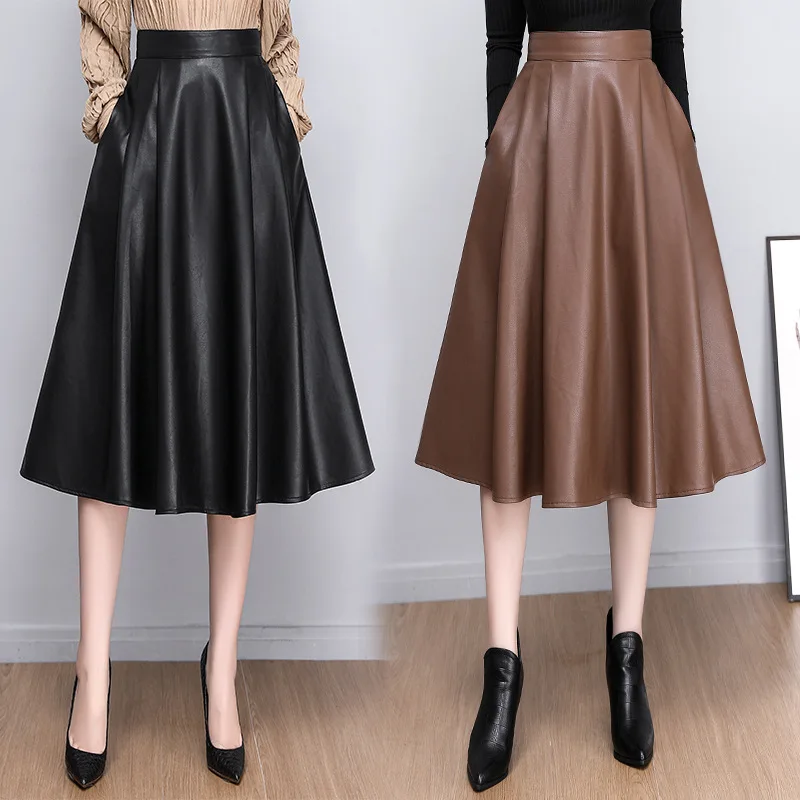 

Vintage Brown Pu Leather Pleated Skirt Women Autumn Winter Fashion High Waist Black Midi Skirt Office Lady Elegant A-line Skirts