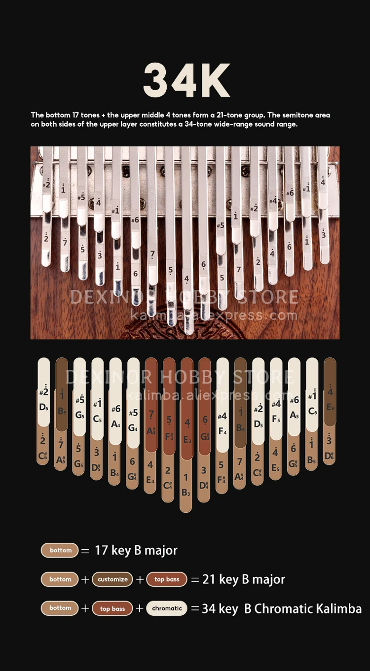 Оригинальная Хроматическая клавиатура для пианино hlру Kalimba 34 клавиши Подарочные