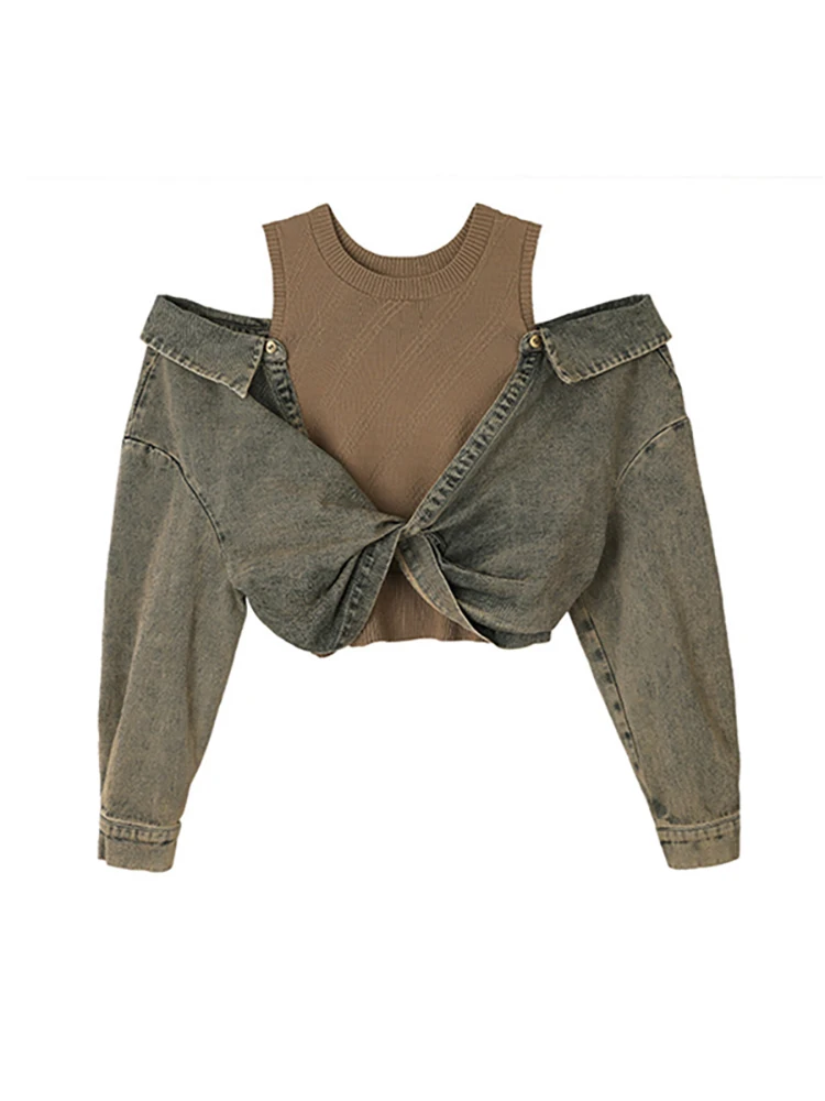 

Женская джинсовая рубашка DEAT, трикотажная блузка в полоску с круглым вырезом и открытыми плечами, с длинным рукавом, осень 2023