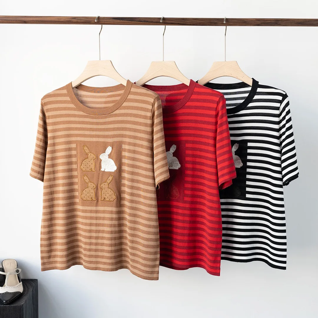 

Women Tees Striped Rabbit Embroidery Loose Fit Knitting T-Shirt Casual