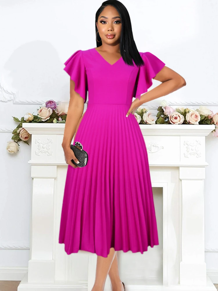 

Pleated Dresses Summer Women Fuchsia Short Sleeve Ruffles Big Size Elegant Fashion Ball Gowns Event Party Birthday Outfits 2022