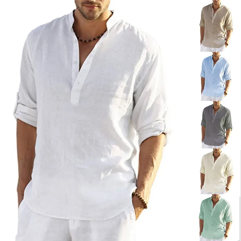 

Men Loose Button Shirt Fashion V Neck Solid Color Long Sleeve Cuff Belt Shirt Summer Casual Daily Shirt Tops Camisa Masculin