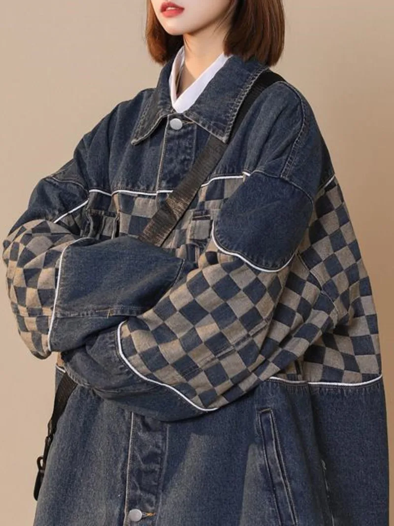 

Spring Autumn Women's Denim Jackets Patchwork Women Ocersized Plaid Vintage Casual Jean Jacket Bomber Denim Coat Outerwear
