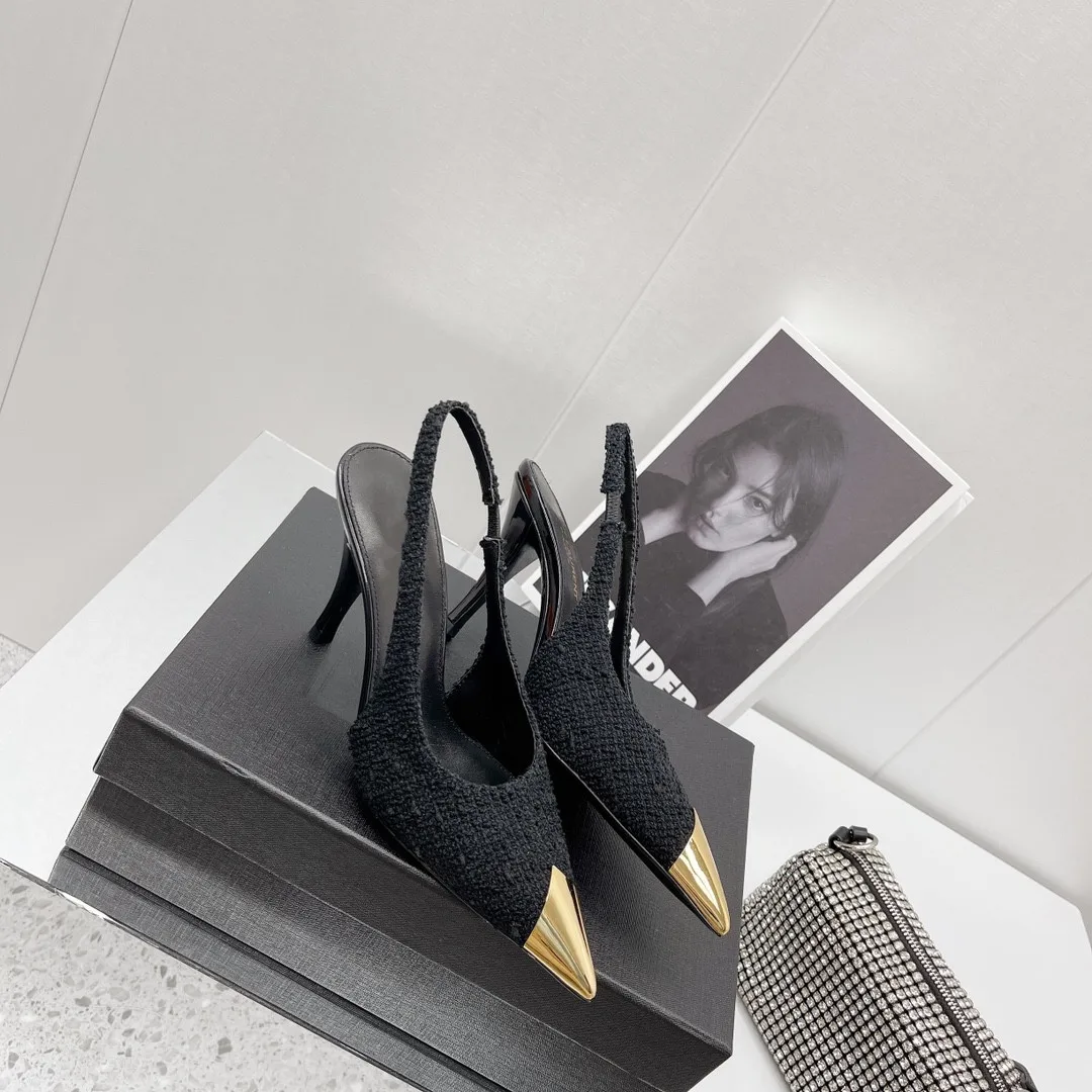 Women's High Heel Sandals 2023 Spring and Autumn New Metal Fashion Banquet Pointed Thin Heel Sexy Muller Shoes