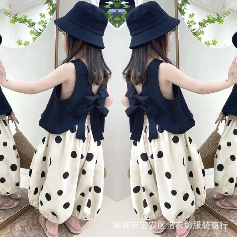 

Infant Top and Bottom Set 2023 Fashionable Girls' Summer Set: Black Vest and Wide-leg Pants for Kids, Trendy Two-piece Outfits