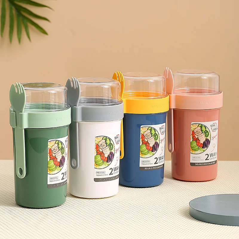 Breakfast Oatmeal Cereal Seal Salad Cup Portable Two-layers Cup Container with Fork Cup Lid Tuppers Food Taper Bowl Lunch Box