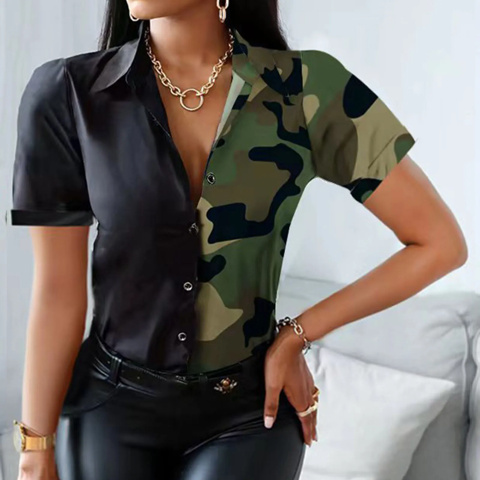 

Camouflage Blouses Woman Casual Office Print Shirts Summer Fashion Button Short Sleeve Shirt Elegant Patchwork Slim Tops Women