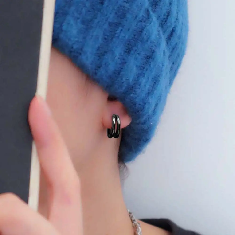 

Hop Round Circle Double Circle Multi-layer Round Silver Color Men Hoop Earrings Stud Earrings Punk Jewelry Ear Studs