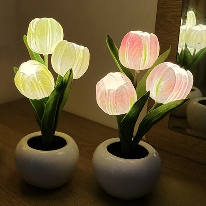 2023 LED Tulip Lamp Night Simulation Flower Lamp Atmosphere Night Light with Pot Nightlights Tulips Table Lamp Room Decor