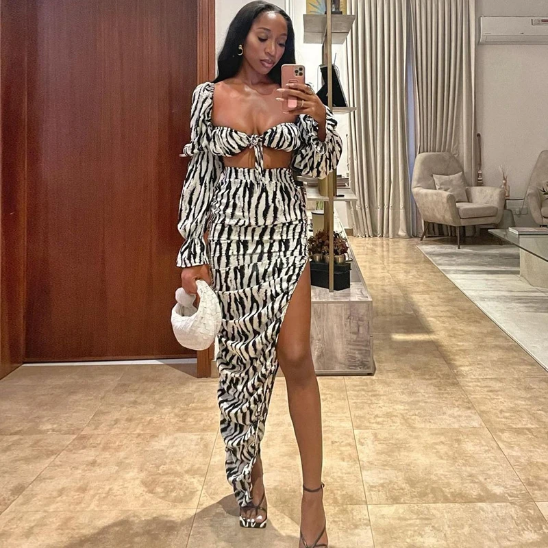 

Zebra Stripe Long Sleeve Crop Top and High Slit Long Skirt 2 Piece Sets Womens Outfits Autumn 2022 New