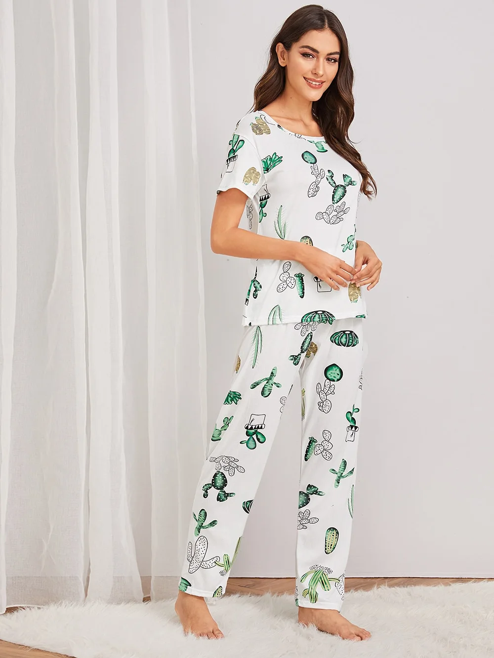 Women's Pajama Set Short Sleeves with Cute Prints Cactus Relaxed Fit Comfort Short Sleeve Homewear Ladies Tender Casual Wear