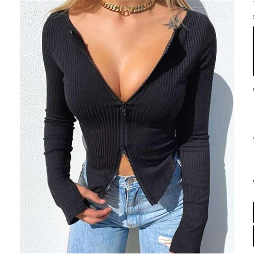 

Sexy Female Slim Black White Tops Design Women T-shirt Spring Autumn Fashion Ribbed Knitted Long Sleeve Crop Tops Zipper Tee