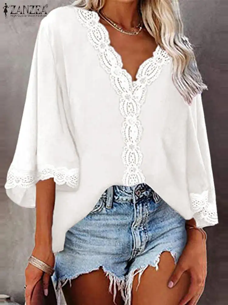 

ZANZEA Lace Patchwork Women's Blouse Summer Elegant Casual Vintage Party Beach Work Shirt V-Neck 3/4 Sleeve Solid Tops Blusas