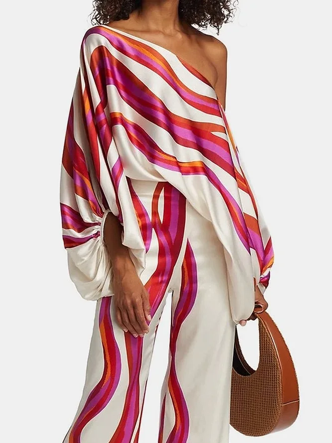 

Chic Print Lantern Sleeve Satin Top Wide Leg Pant Suit Women Sexy Off Shoulder Long Sleeve 2 Piece Set Casual Office Lady Outfit