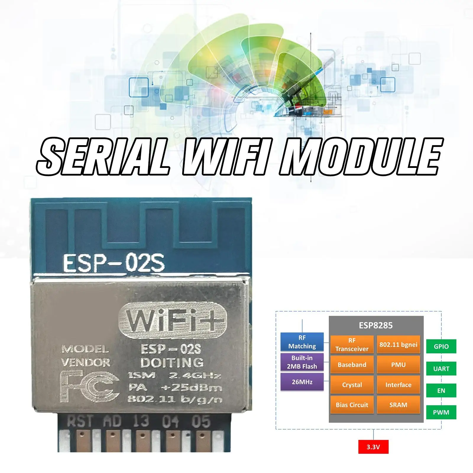 Wi-Fi-модуль Φ Tywe2s Serial Golden Finger Esp-02s Wireless с передачей Esp8285 Esp8266 совместимый прозрачный