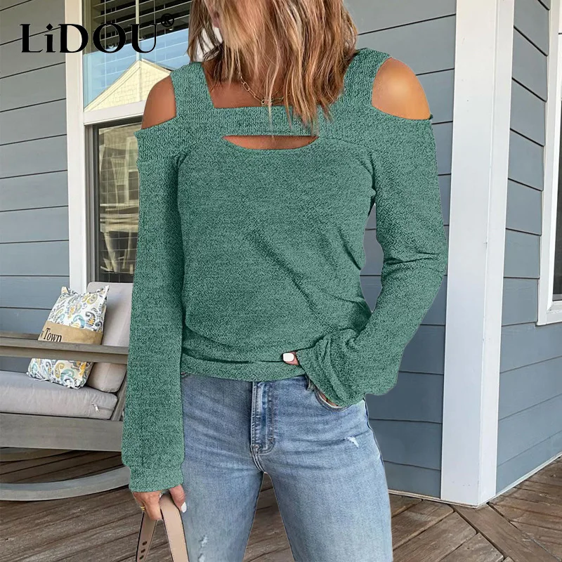 

Spring Autumn Street Hipster Solid Hollow Out Casual Fashion T-shirt Women Long Sleeve Sexy Off Shoulder All-match Pullover Tees