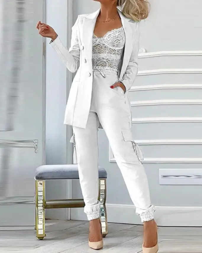 Spring New Women's Two-Piece Fashion Solid Button Blazer Jacket and Pocket Design Pants Suit Casual Office Summer Women's Suit