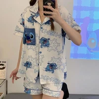 new kawaii stitch pajamas anime cartoon women cute cardigan summer short sleeved shorts homewear set 2 piece set loungewear gift
