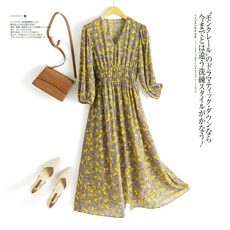 

Элегантное шелковое платье для женщин, V-образный вырез, рукав до локтя, облегающее платье с эластичной талией, шелковые платья тутового дерева, WF9200