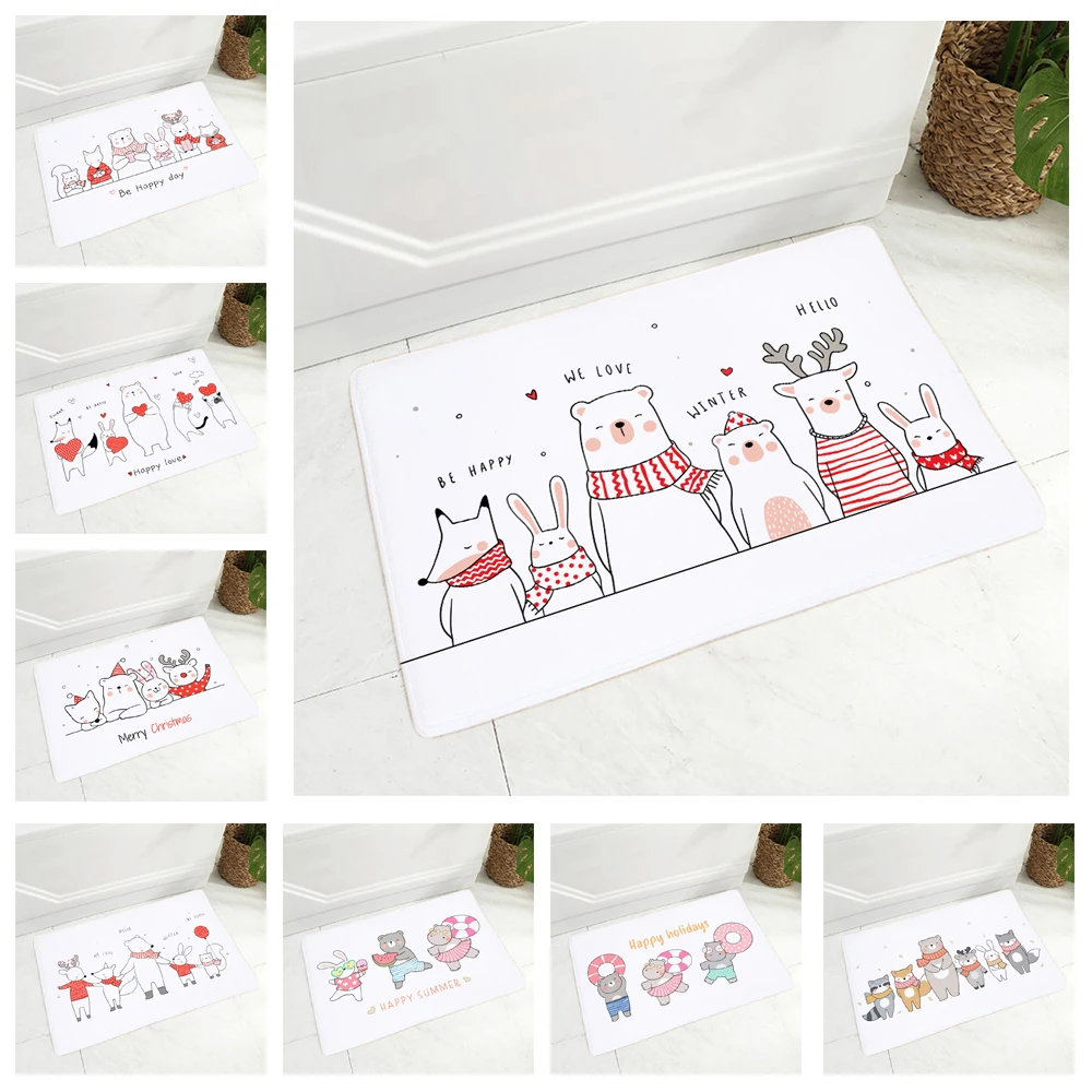 

Nordic Style Bear Rabbit Fox Doormat Non-Slip Print Soft Flannel Carpet Decor Cute Cartoon Cat Floor Door Mat for Hallway 40x60