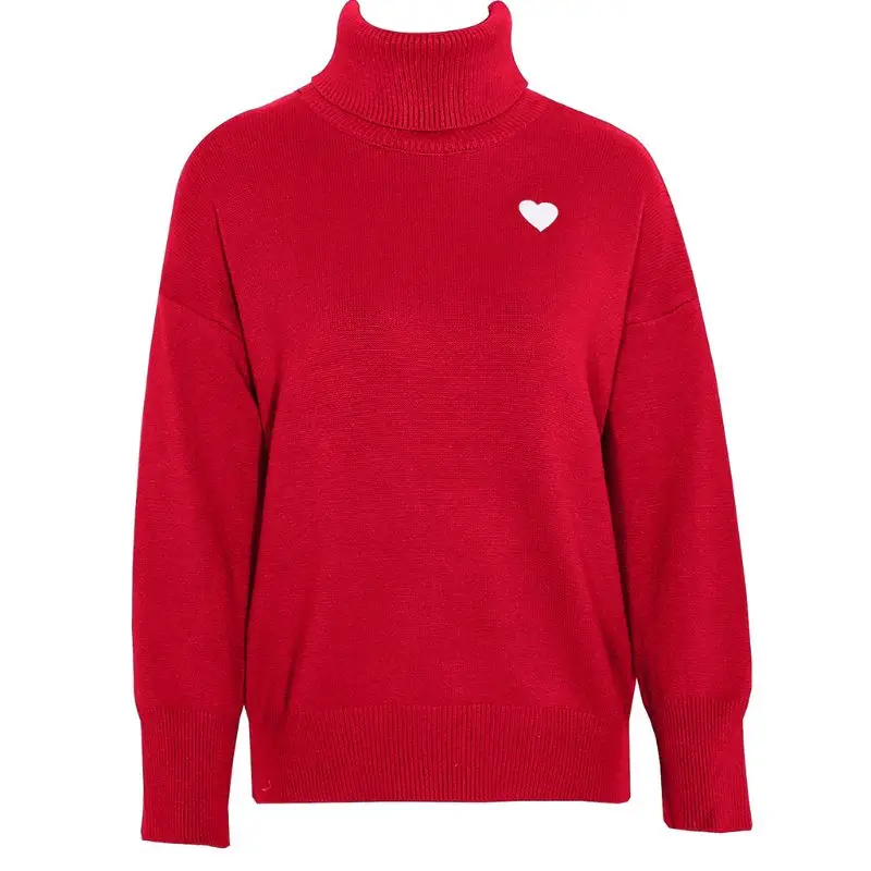 

Womens Autumn Lantern Long Sleeve Sweater Turtleneck Red Heart Embroidered Pullover Tops Casual Loose Holiday Christmas Knitted