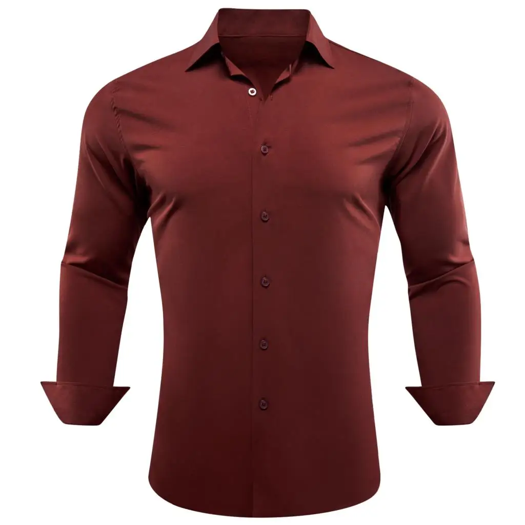 

Designer Shirts for Men Red Solid Silk Long Sleeve Casaul Business Slim Fit Male Tops Regular Turn Down Collar Blouse Barry Wang