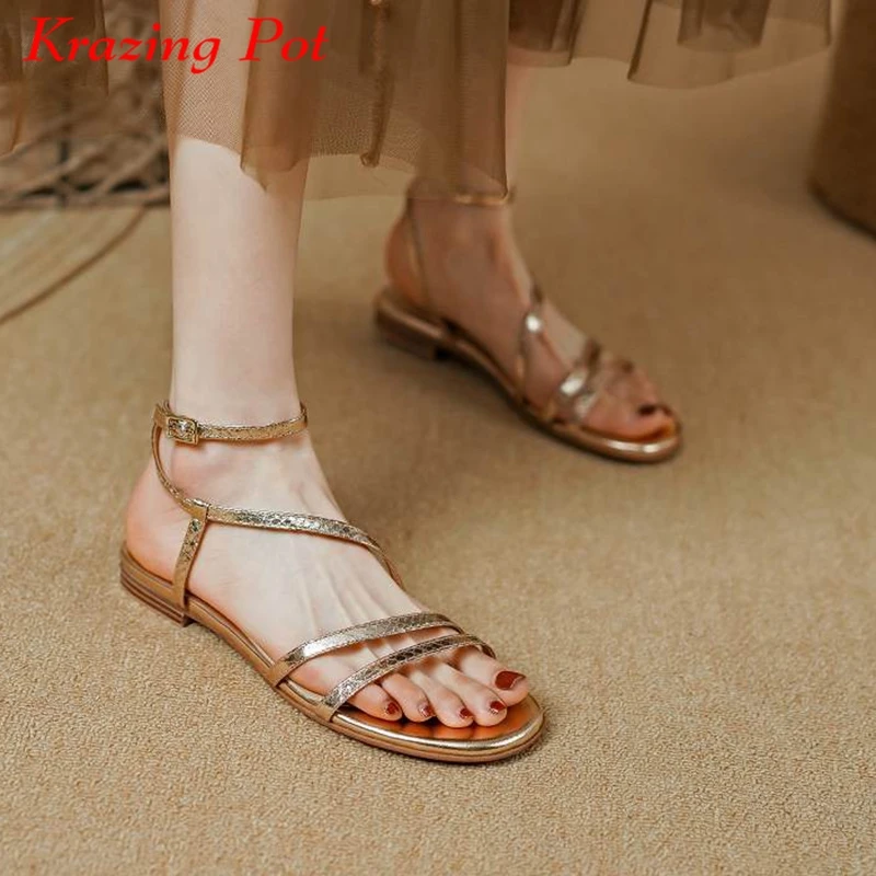 

Krazing Pot Natural Leather Gladiator Superstar Basic Clothing Business Casual Thick Low Heels Preppy Style Luxury Sandals Women