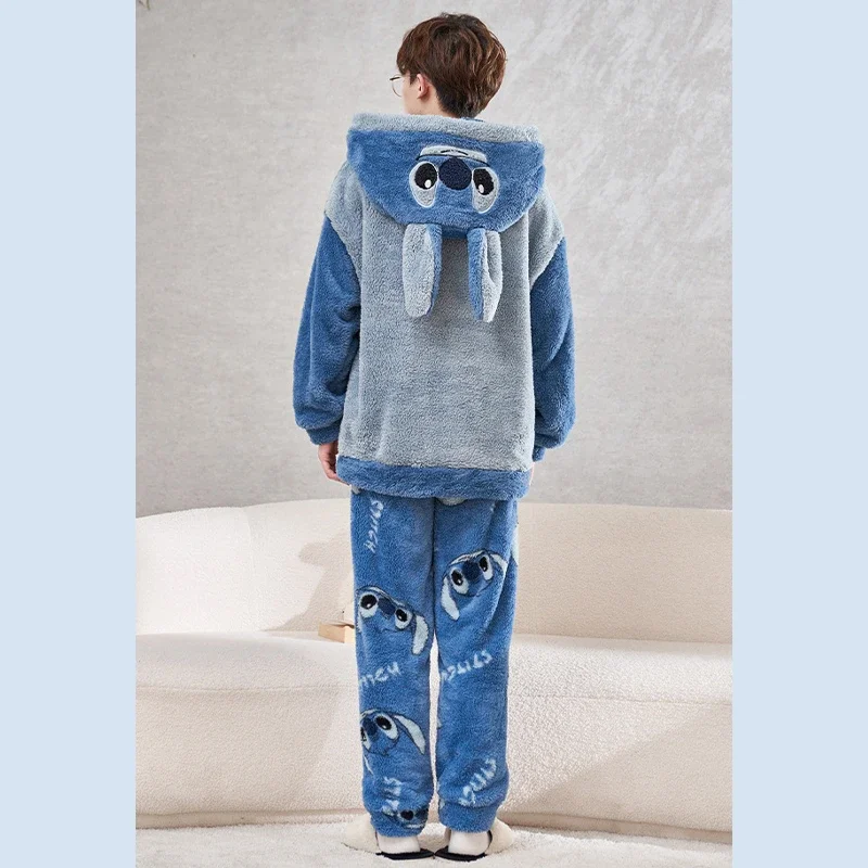 Зимний пижамный комплект с капюшоном Disney Stitch Pooh Bear мужские и женские пижамы