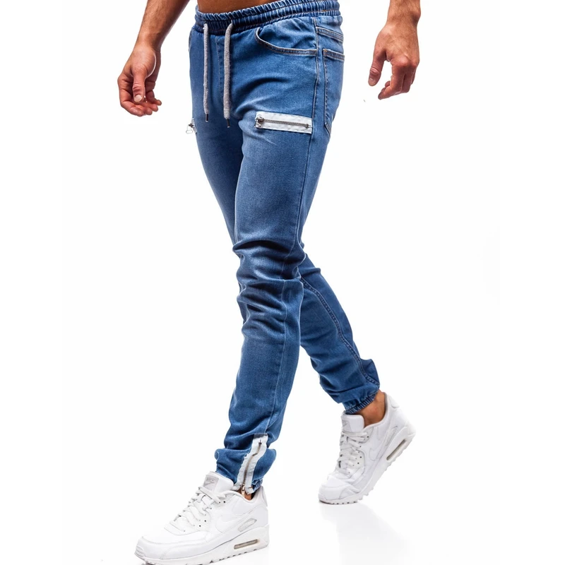 Men Jeans Spring and Summer Solid Color Slim-Fit Zipper Sports Jeans Men's Casual Lace-up Mid-Waist Denim Pencil Pants Trousers