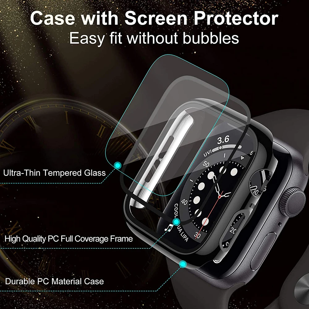 360 Full Cover for Apple Watch 45mm 41mm 44mm 40mm 42mm 38mm, Plating Case Glass Screen Protector for iwatch SE 8 7 6 5 4 3 2 1