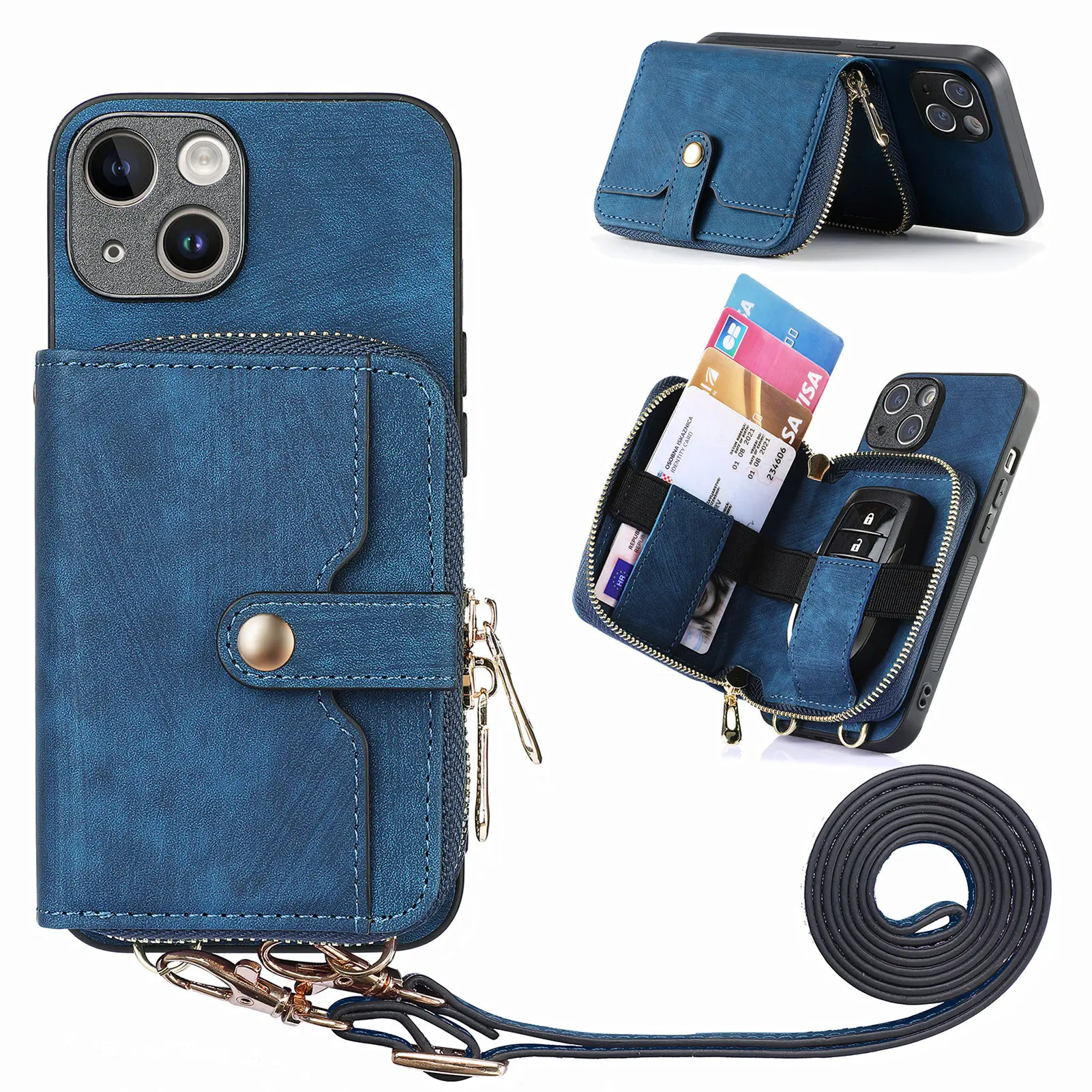 

BR14 Leather RFID Anti-theft Brush Phone Case For Iphone 14 13 12 11 Pro Max X XR XS Zipper Long Lanyard Stand Card Solt Cover