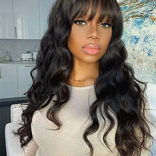 Body Wave Human Hair Wigs With Bangs Brazilian 18 Inch Full Machine Made Wig With Bang Long Natural Remy Human Hair For Women