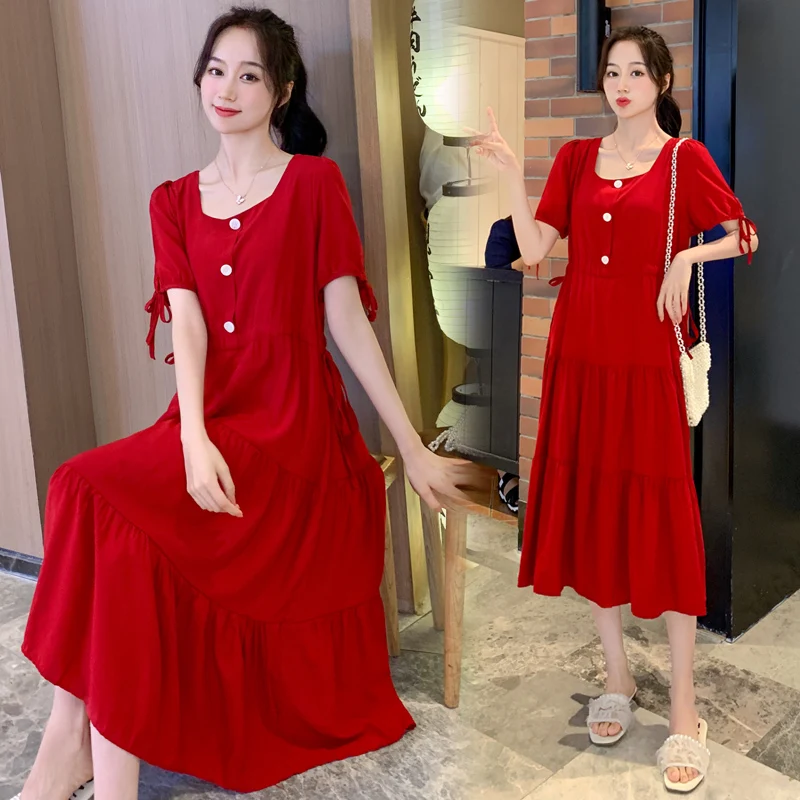 

1938# 2022 Summer Korean Fashion Chiffon Maternity Long Dress Casual Loose Clothes for Pregnant Women Drawstring Pregnancy