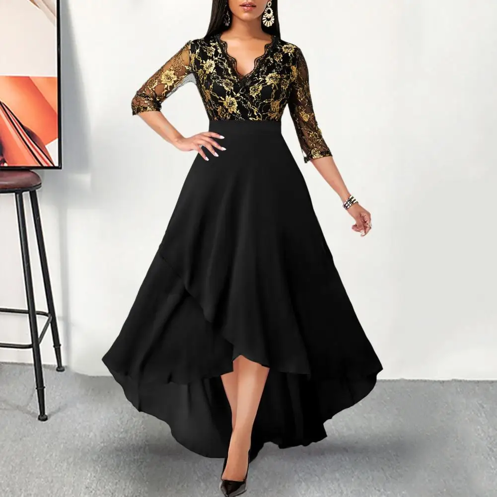 

Elegant Women Prom Dress V Neck Lace 3/4 Sleeves Embroidery Long Dress Irregular Loose Hem A-line High Waist Maxi Dress