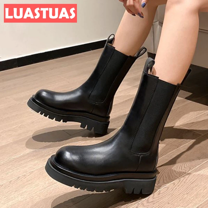 

Новинка 2022, женские сапоги LuasTuas до середины икры, модная женская обувь из натуральной кожи, зимняя женская повседневная обувь, размеры 34-40